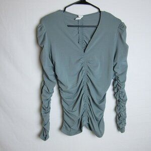 Joie Blouse Ruched Long Sleeve V-Neck Shirt Blue Teal Puff Sleeve Womens XS